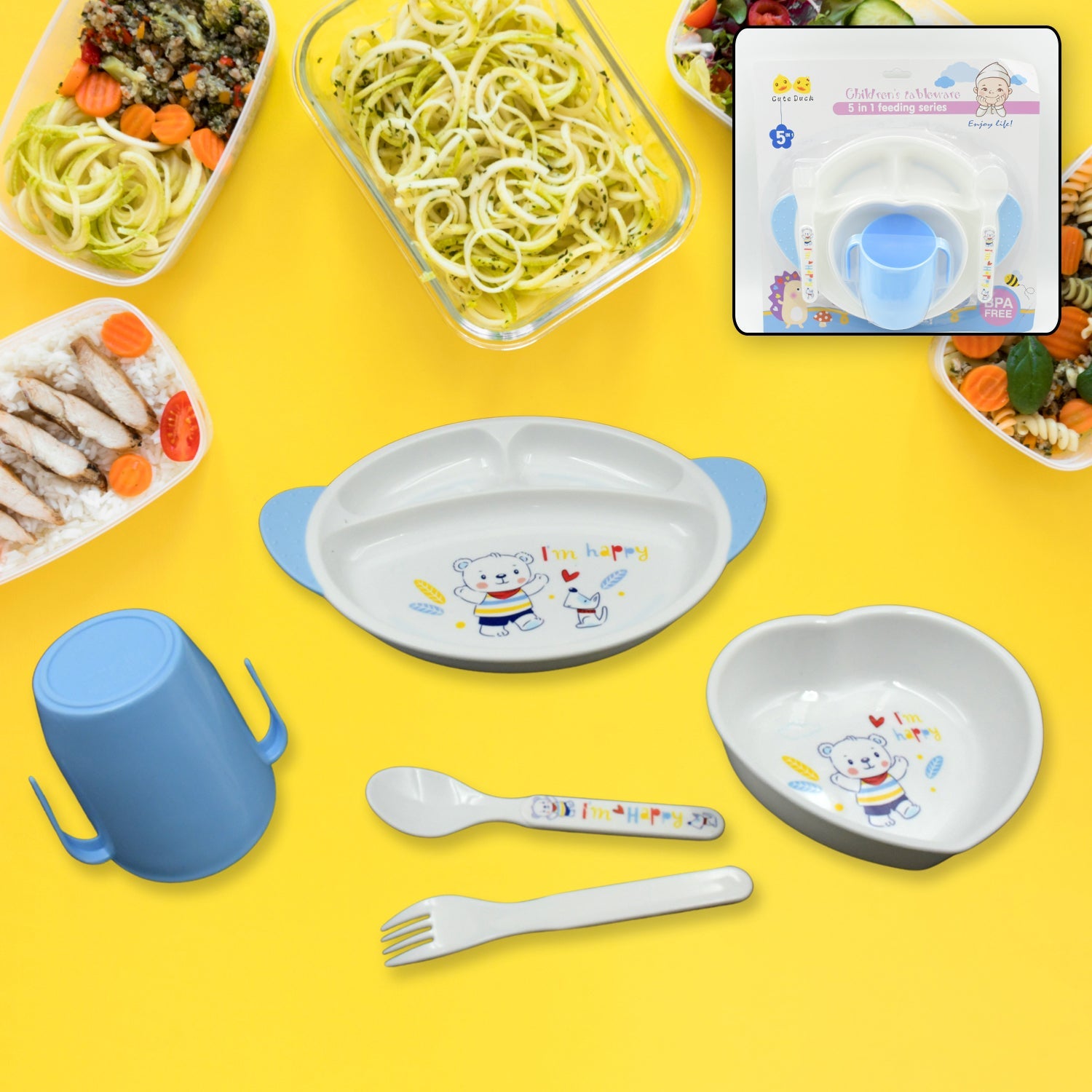 8176 5in1 Baby Feeding Set for Kids and Toddlers,Children Children Dinnerware Set - Feeding Set for Kids, Cartoon Design Plate, Cup, Spoon, Fork  Tableware Cutlery for Kids Microwave & Dishwasher Safe (5 Pcs Set)