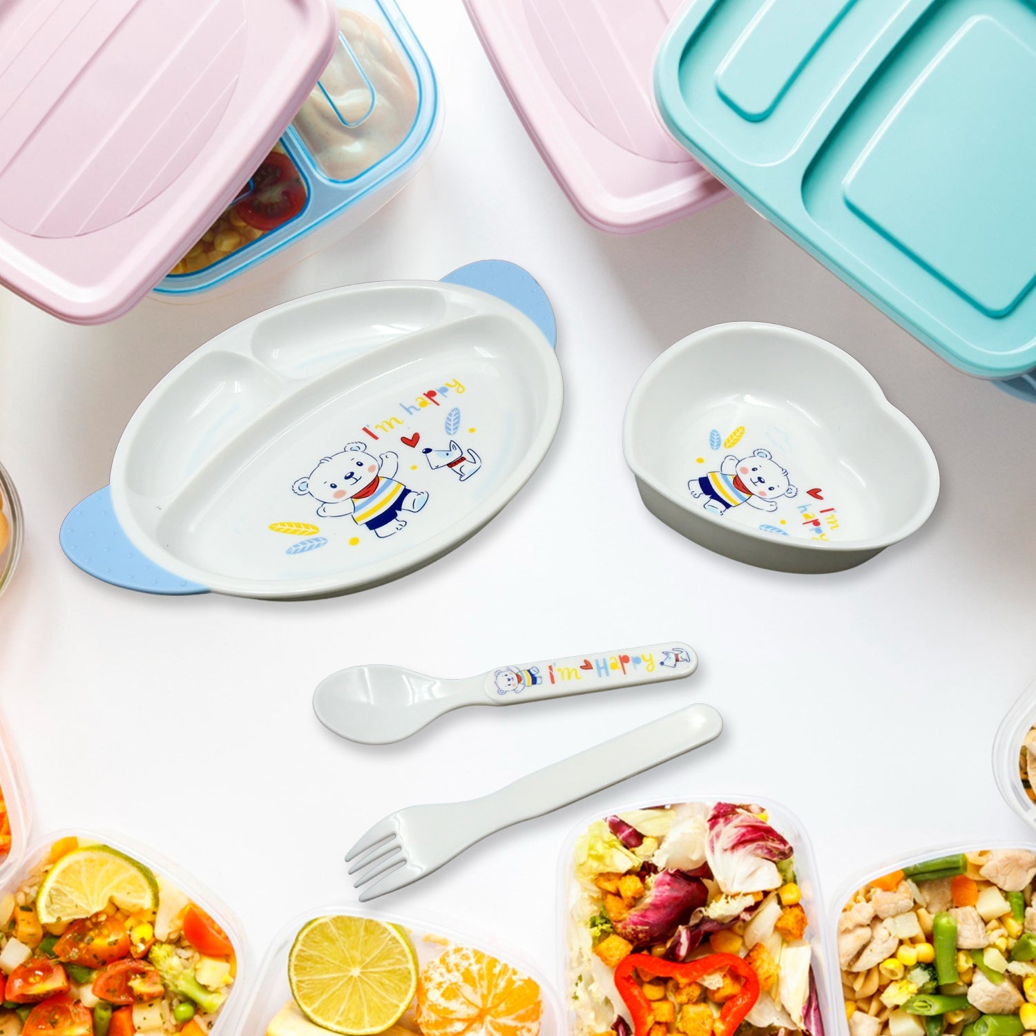 8176 5in1 Baby Feeding Set for Kids and Toddlers,Children Children Dinnerware Set - Feeding Set for Kids, Cartoon Design Plate, Cup, Spoon, Fork  Tableware Cutlery for Kids Microwave & Dishwasher Safe (5 Pcs Set)